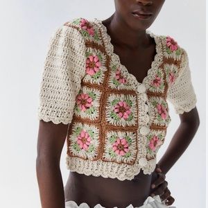 Tach x Free People Nuria Crochet Sm Pink Handmade Retro-Inspired Button Cardi